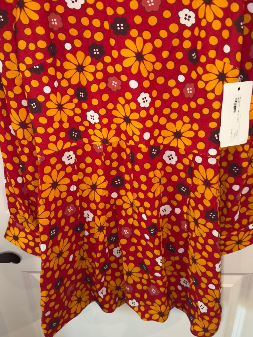Saint Laurent Belted High Neck Flower Print Dress Red and Jaune - Picture 6 of 16